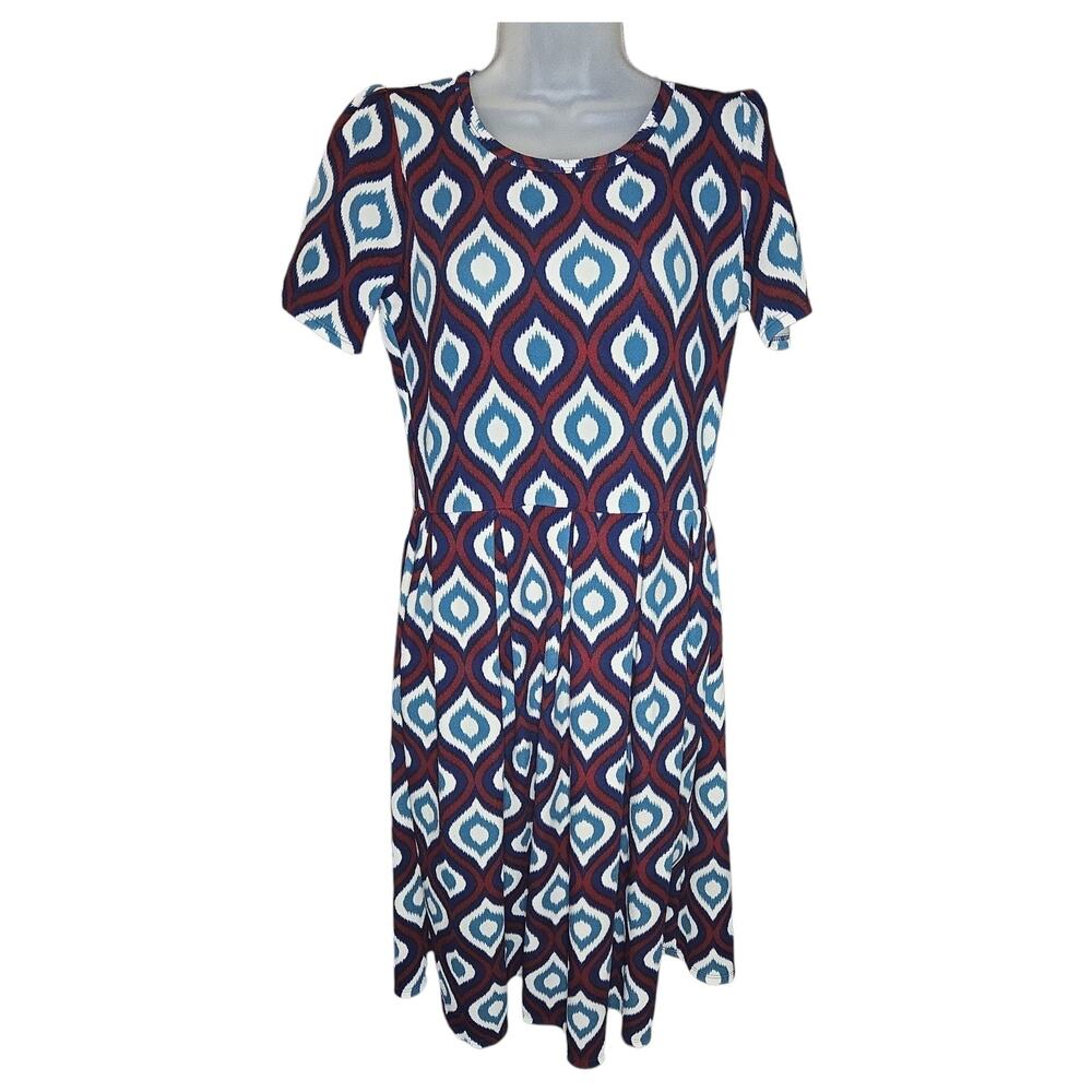 Womens Large Amelia Geometric Short Sleeve Dress LuLaRoe Navy Teal Professional
